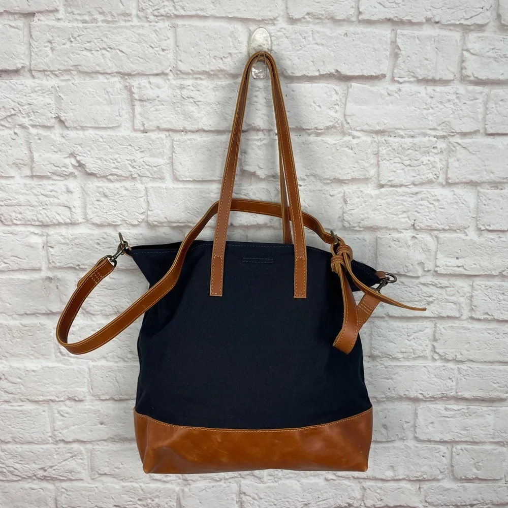 Able Navy Canvas Tote with Tan Leather Trim and Strap
